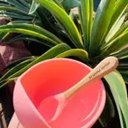 Silicone Suction Bowl with Wooden Spoon & Fork – Safe Feeding Set for Babies