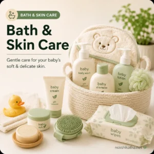 Baby bath and skin care products including baby lotion, shampoo, body wash, wipes and skincare essentials from Nokshikatha Bangladesh.
