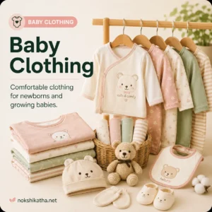 Baby clothing including rompers, bodysuits, newborn dresses, caps, mittens and baby wear available at Nokshikatha Bangladesh.