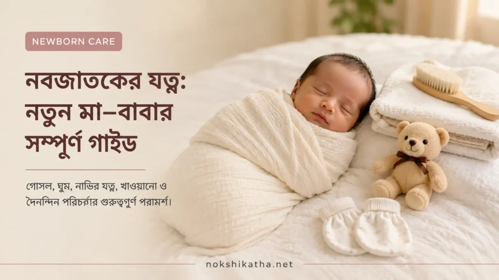 নবজাতকের ঘুম, গোসল, নাভির যত্ন ও দৈনন্দিন পরিচর্যার গাইড। Newborn care guide by Nokshikatha.