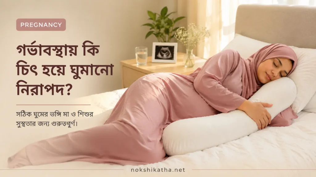 গর্ভাবস্থায় বাম পাশে নিরাপদে ঘুমানোর সঠিক ভঙ্গি দেখানো হয়েছে। Pregnancy sleeping guide by Nokshikatha.